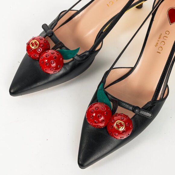Gucci Unia Black Leather Cherry-Embellished Pointed-Toe Heels - Picture 7 of 10